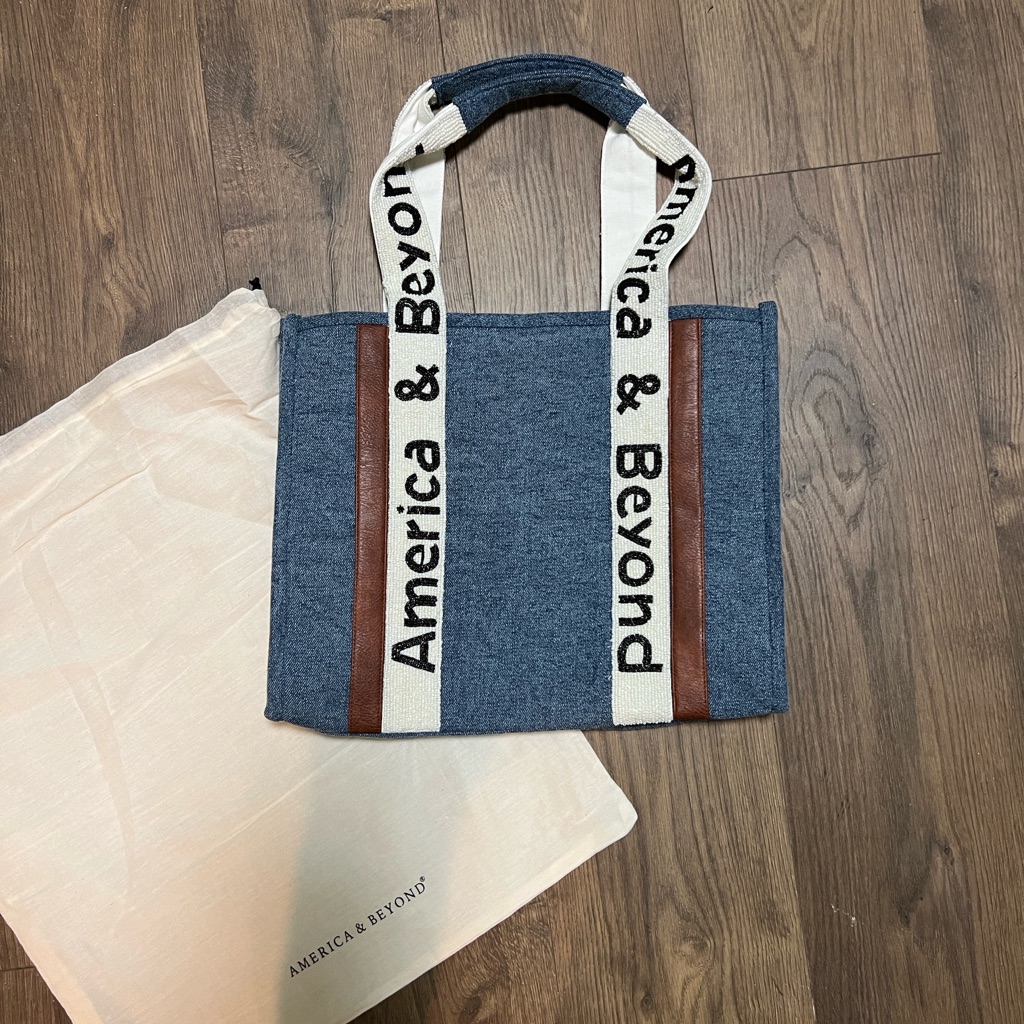 Brand New America & Beyond Denim Beaded Boxy Tote Bag